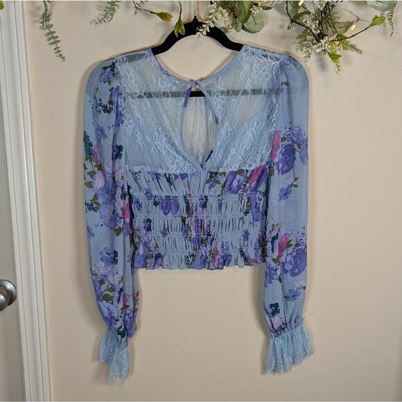 Free People Blue Floral Lace Long Sleeve Crop Top Blouse - Picture 3 of 10